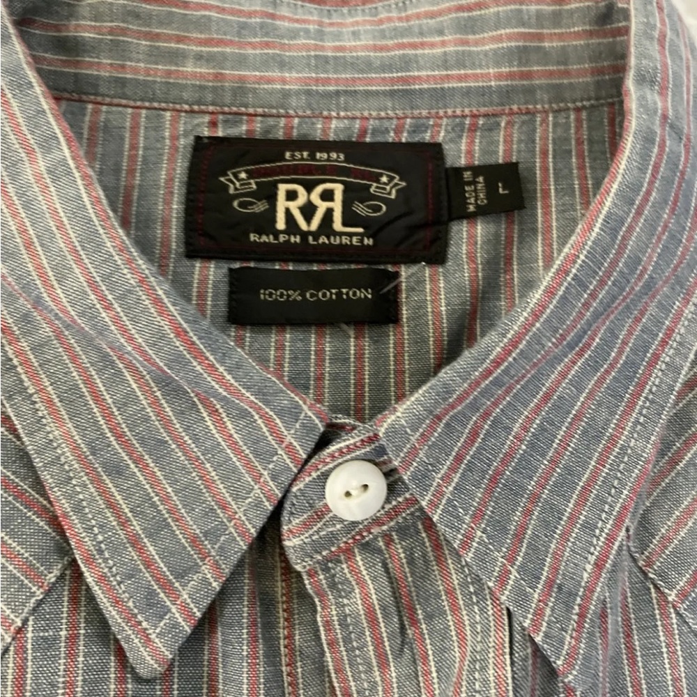 RRL Ralph Lauren Pearl Snap Striped Denim Oxford Western Cut Workshirt Size L - Picture 5 of 8